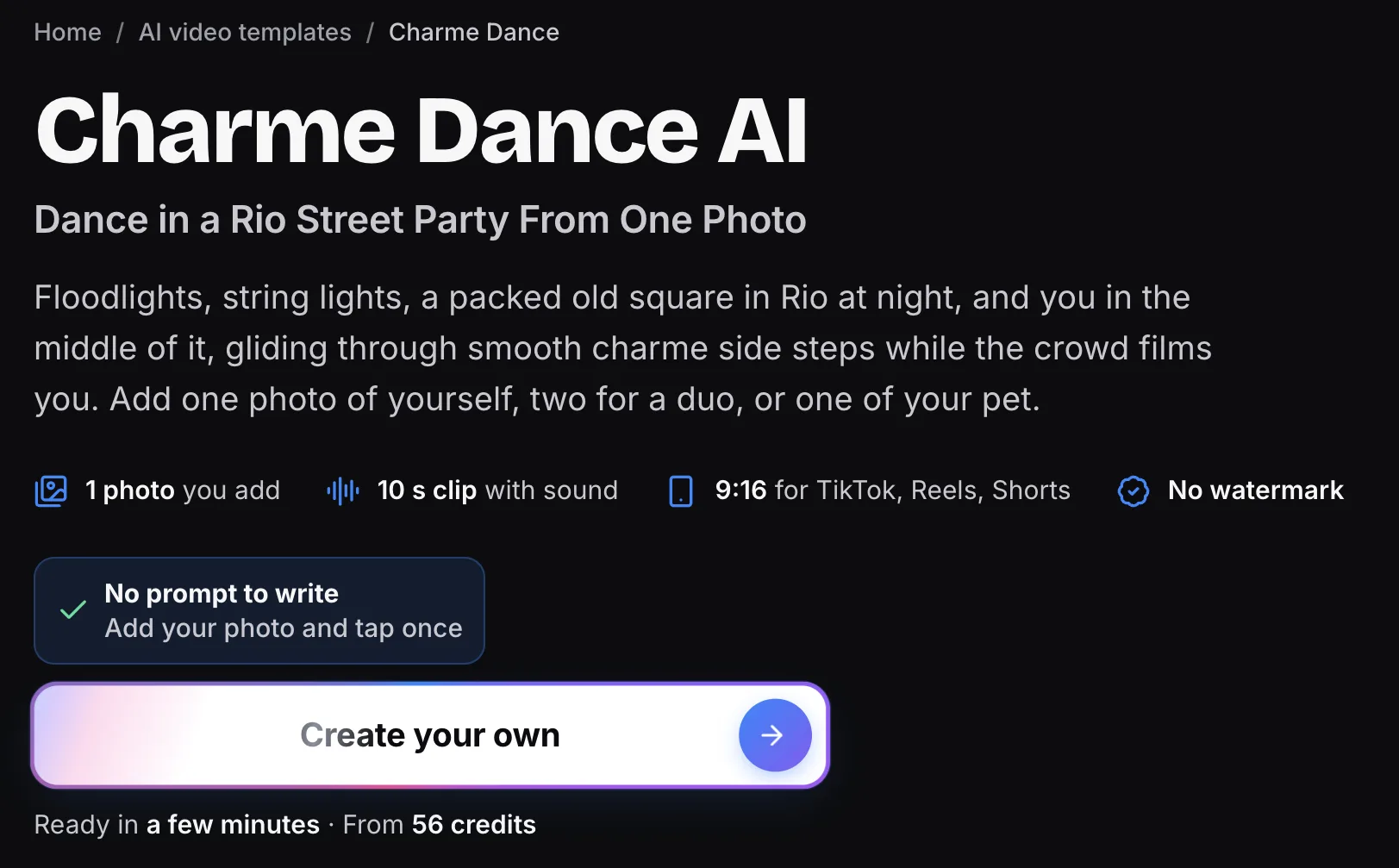 MakeViral Charme Dance AI page: 1 photo, a 10-second clip with sound, 9:16, no watermark and no prompt, from 56 credits