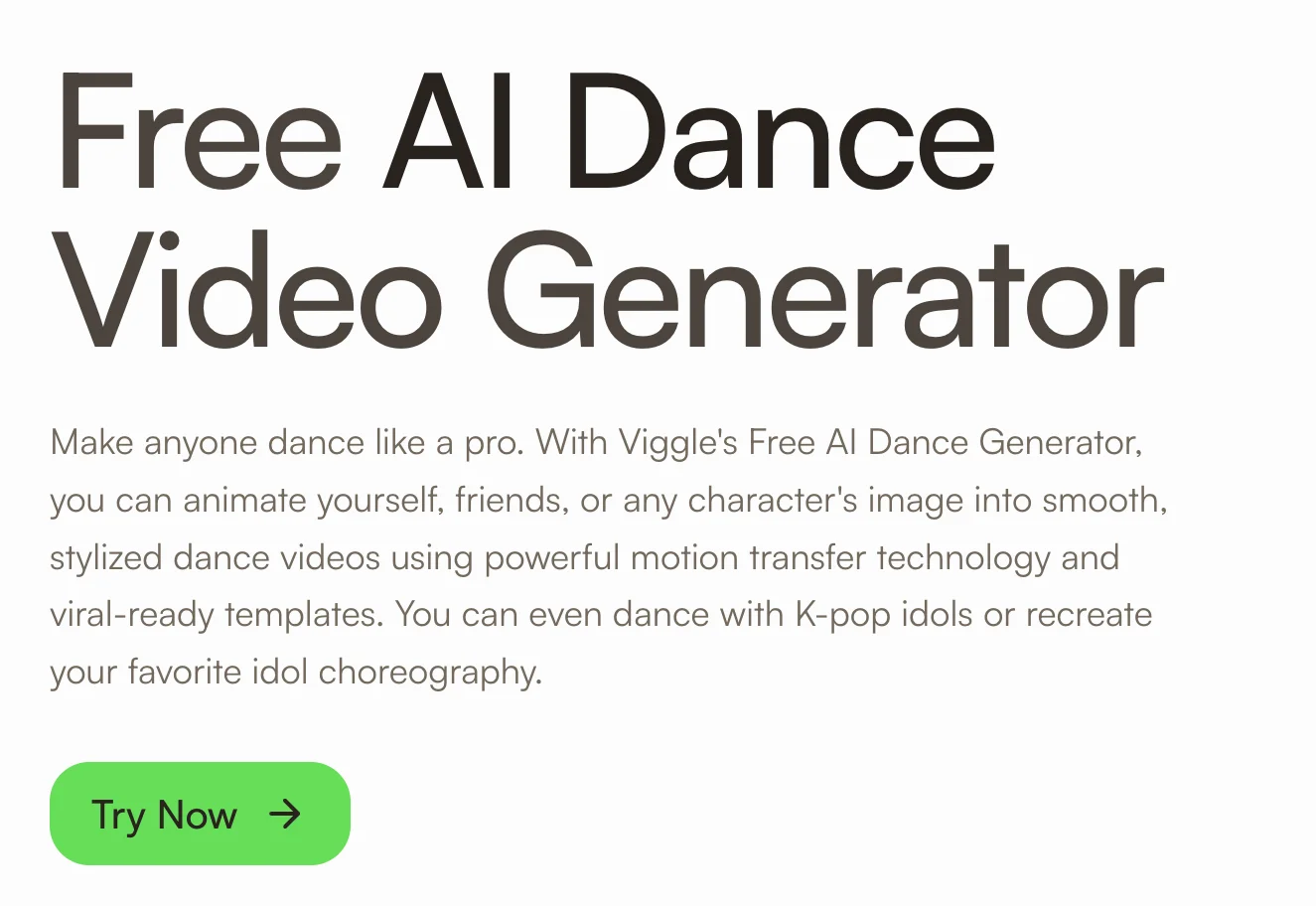 Viggle Free AI Dance Video Generator page that animates a photo with motion transfer and dance templates