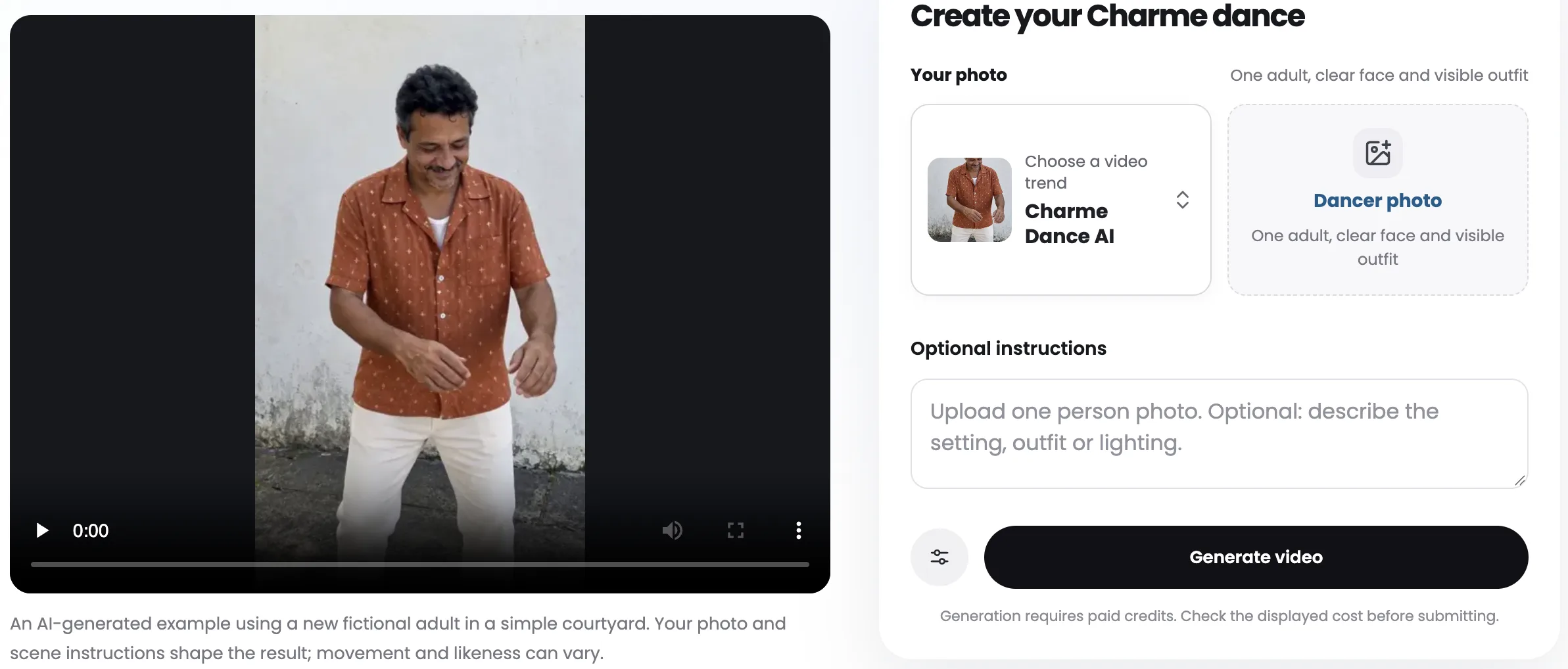 Vismuse Charme Dance AI Video Generator with its AI-made courtyard example, the photo upload and a line saying generation needs paid credits