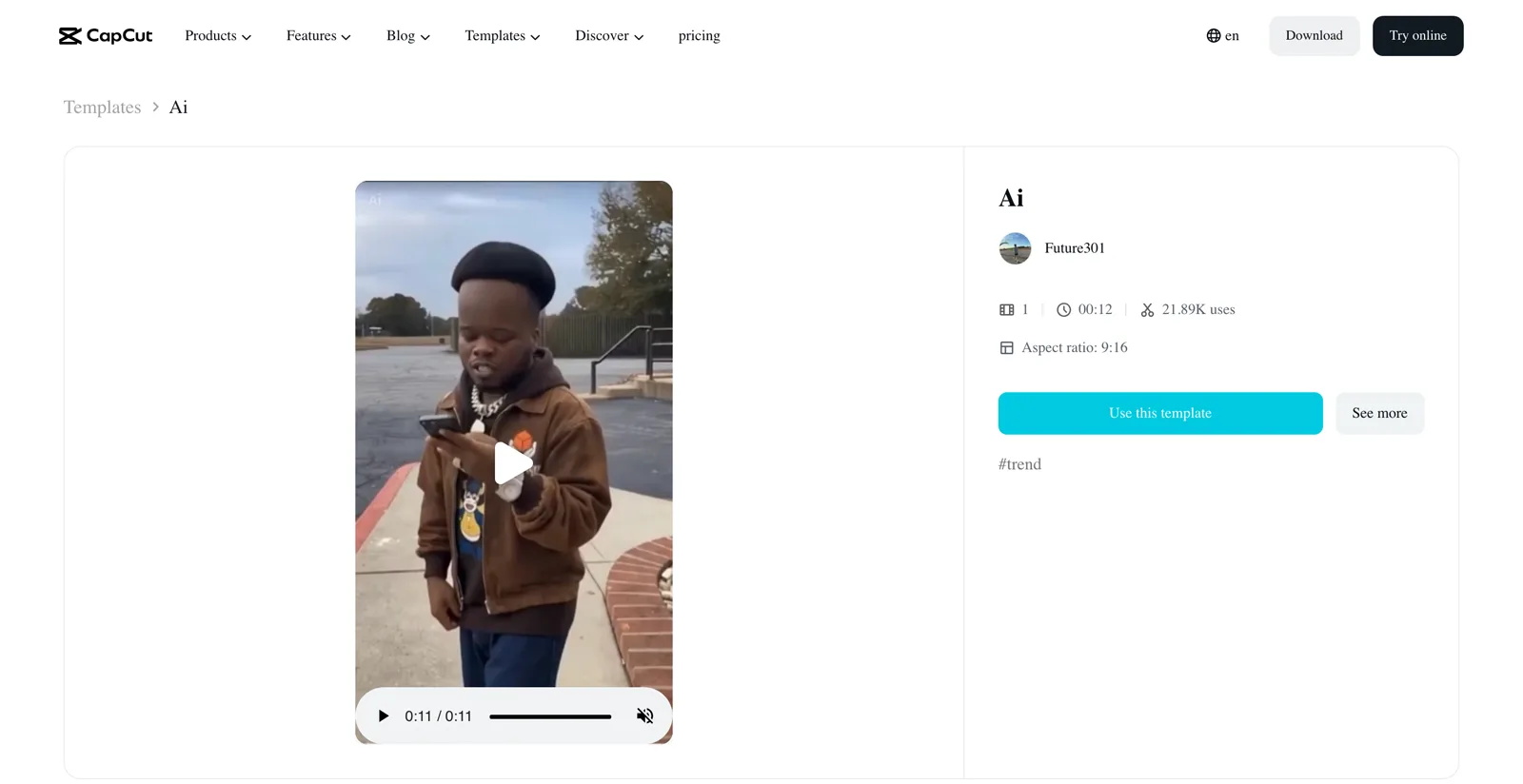 CapCut template page for Ai by Future301, the ChatGPT millionaire meme template with 1 slot, 00:12, 21.89K uses and a 9:16 aspect ratio