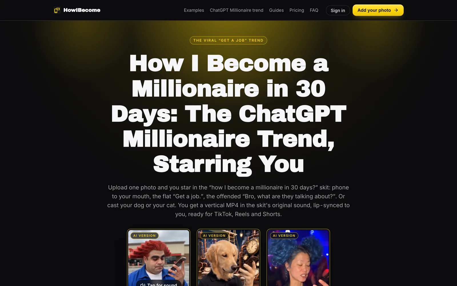 howibecomeamillionaire.com page for the ChatGPT millionaire meme, with one photo, the skit's original sound and AI versions in a parking lot, a pool party and a nightclub