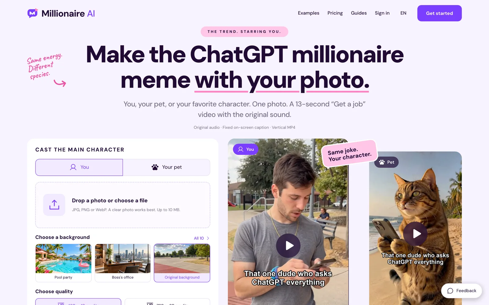howibecomeamillionaireai.com ChatGPT millionaire meme maker with You or Your pet, a photo upload, background choices and examples carrying the That one dude who asks ChatGPT everything caption