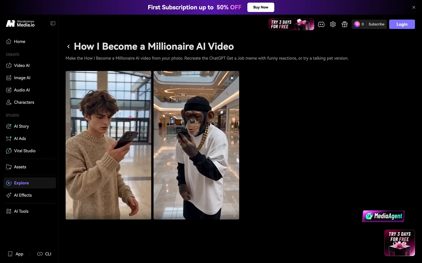 Media.io How I Become a Millionaire AI Video page with two example clips of a person and a chimp holding a phone