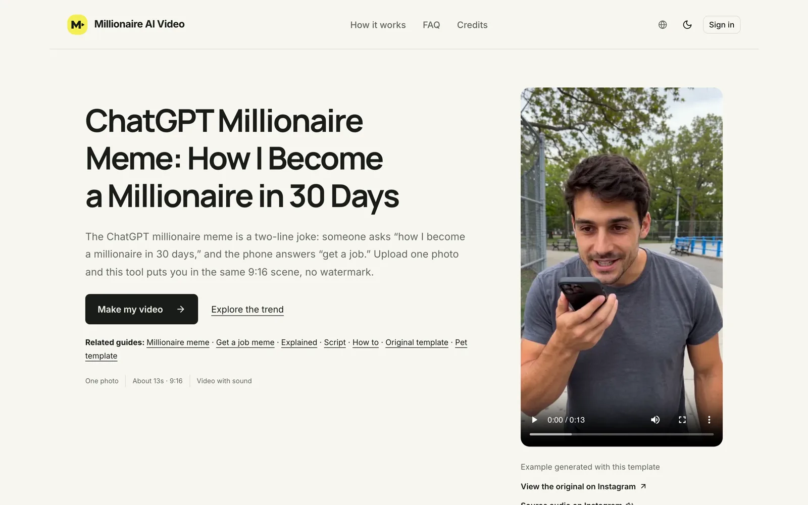 millionaireaivideo.com ChatGPT millionaire meme page listing one photo, about 13 seconds at 9:16 and video with sound