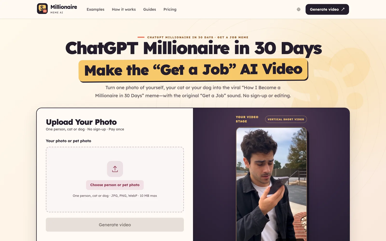 millionairememeai.com Get a Job AI video maker with a photo upload for one person, cat or dog, no sign-up and pay once