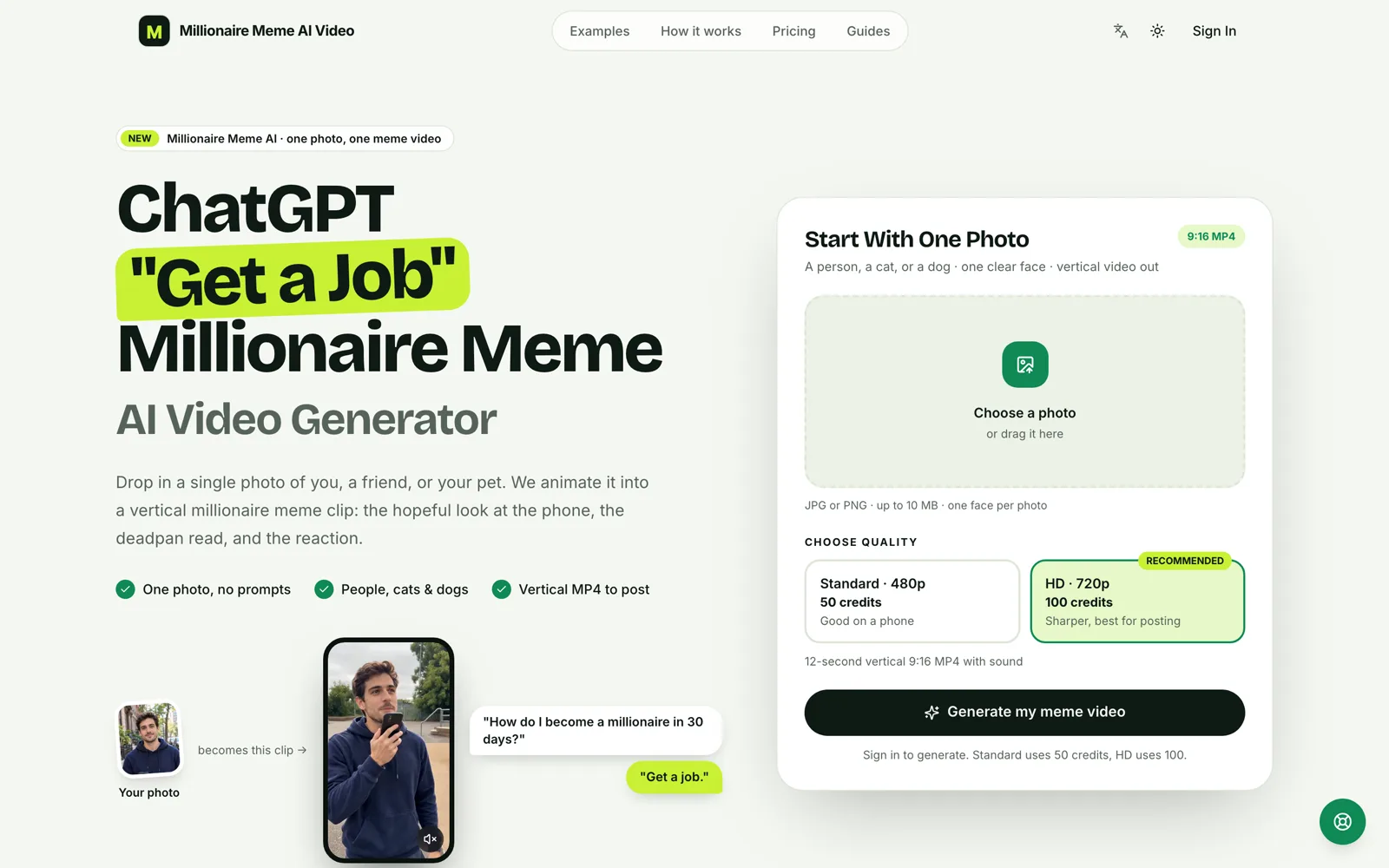 millionairememeaivideo.com ChatGPT Get a Job meme generator with Standard 480p at 50 credits, HD 720p at 100 credits and a 12-second vertical MP4 with sound