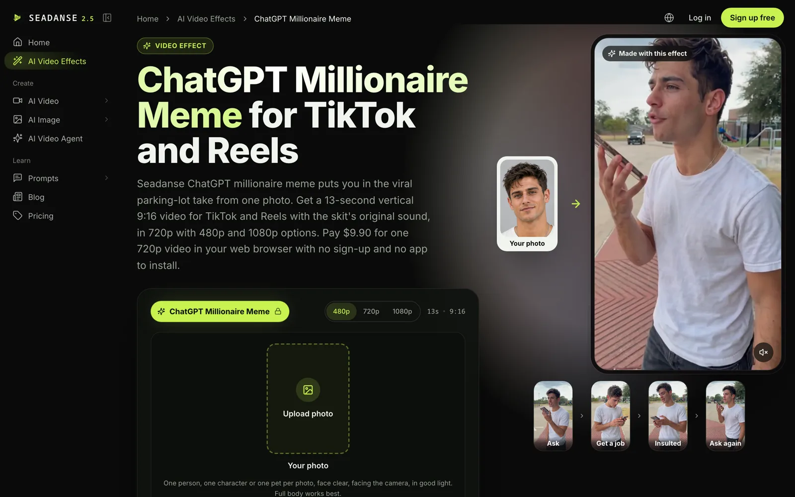 Seadanse ChatGPT millionaire meme generator with one photo upload, 480p, 720p and 1080p, 13 seconds at 9:16, and the four beats Ask, Get a job, Insulted and Ask again