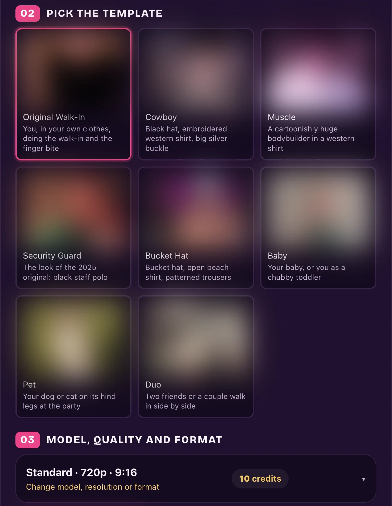 bbywowai.com's template picker with Original Walk-In, Cowboy, Muscle, Security Guard, Bucket Hat, Baby, Pet and Duo, their pictures blurred, above Standard · 720p · 9:16 at 10 credits