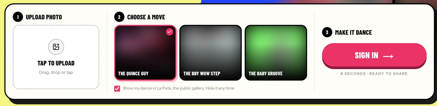 dimedimebaby.xyz's generator: upload a photo, choose The Quince Guy, The Bby Wow Step or The Baby Groove, their pictures blurred, then a Sign in button and 8 seconds, ready to share