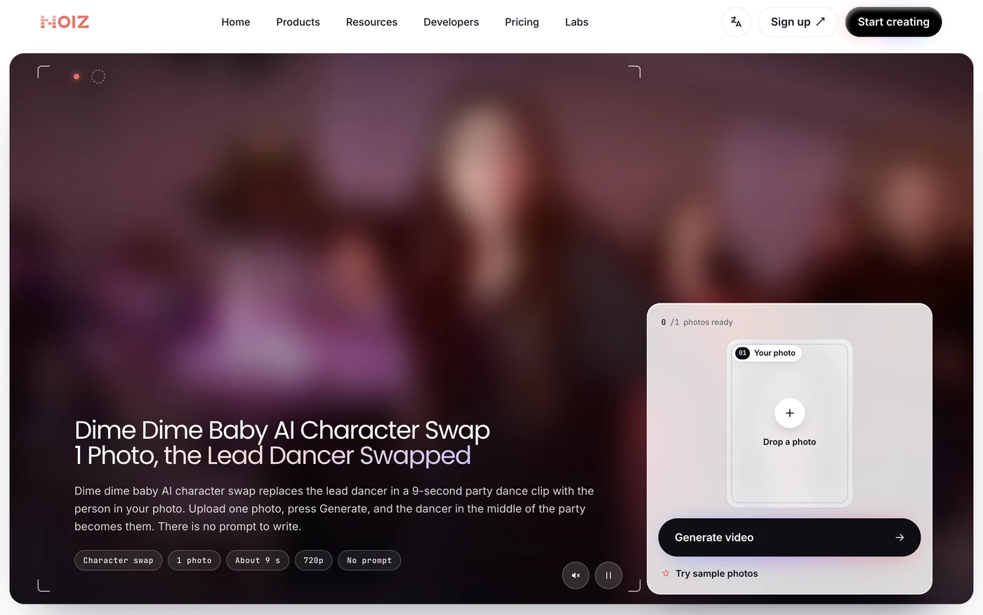 Noiz's Dime Dime Baby AI Character Swap page: 1 photo, about 9 s, 720p and no prompt, over its party clip, blurred