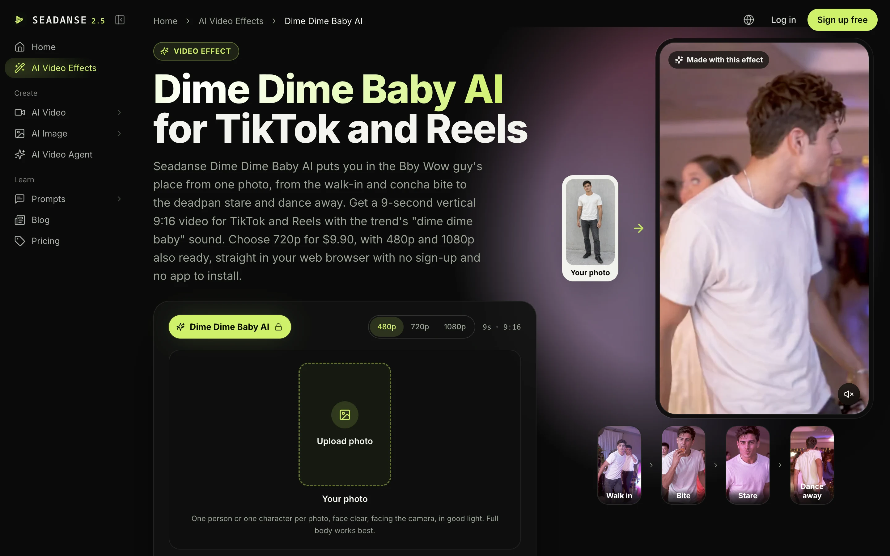 The Seadanse Dime Dime Baby AI page: the title, the photo upload box with 480p, 720p and 1080p, 9s · 9:16, and the sample video with its four frames