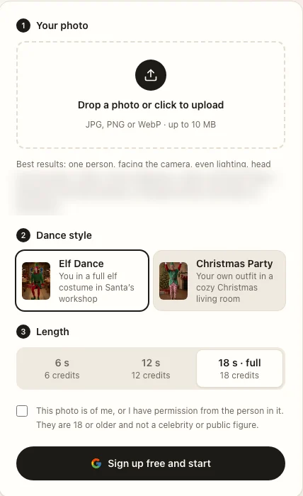 The Christmas Dance AI generator: one photo, the Elf Dance or Christmas Party style, and the 6 s, 12 s and 18 s lengths