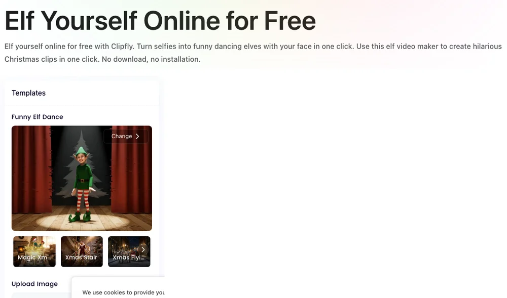 The Clipfly Elf Yourself Online page: the Funny Elf Dance template on a cartoon elf and the Upload Image box