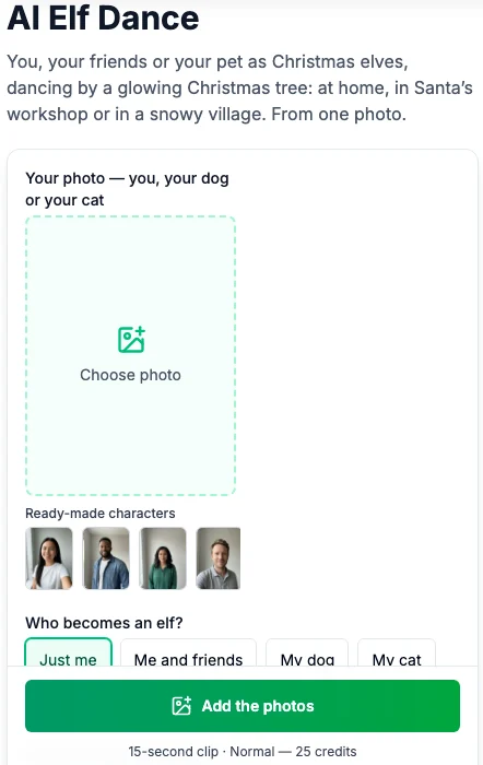 The Fuzana AI Elf Dance page: your photo, then who becomes an elf (Just me, Me and friends, My dog or My cat), 25 credits for a 15-second clip
