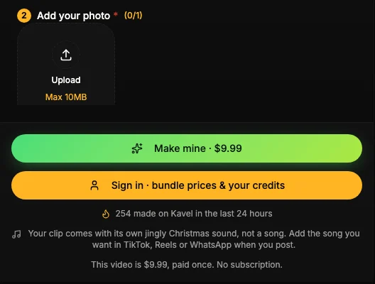 The Kavel AI elf dance video generator: the Add your photo box and the Make mine · $9.99 button, paid once