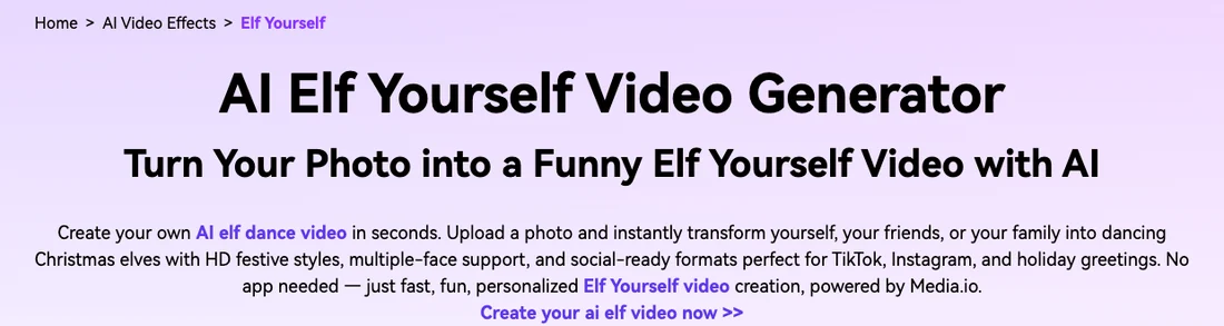 The Media.io AI Elf Yourself Video Generator page: upload a photo to turn yourself or your friends into dancing Christmas elves