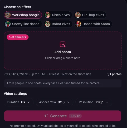 The Oeneo AI Elf Dance Video Maker: six elf effects from Workshop boogie to Dance with Santa, 1-3 dancers in one photo, 6 s at 720p