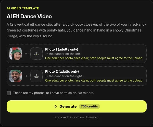 The Vidlark AI Elf Dance Video template: Photo 1 and Photo 2 boxes for two adults and the Generate button at 750 credits