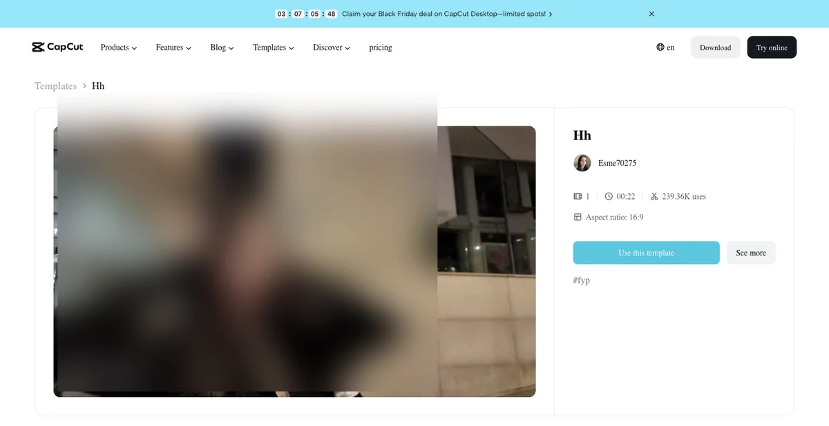 The "Hh" Gangnam Style CapCut template page on capcut.com with its use count and the Use this template button