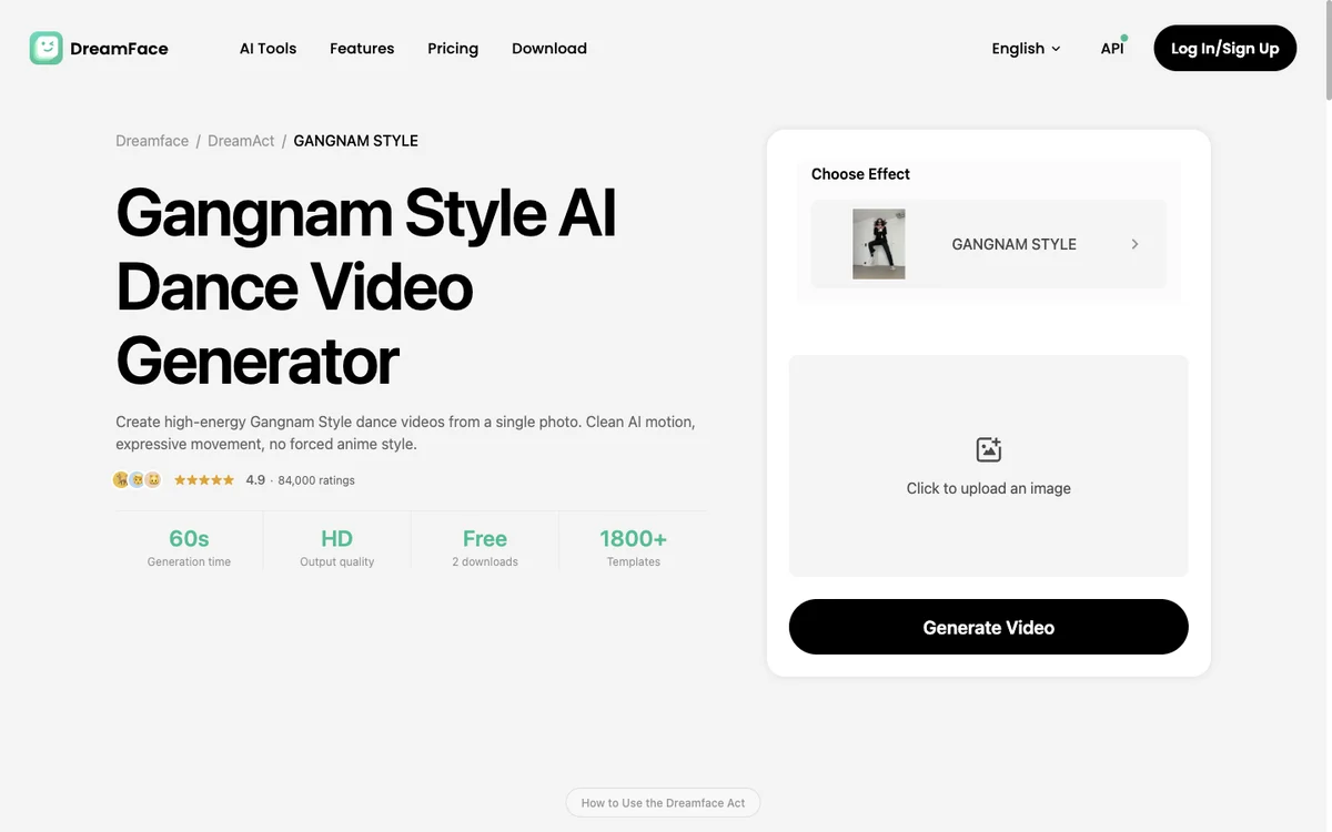 Dreamface's Gangnam Style AI dance page with one photo slot and the Free 2 downloads label