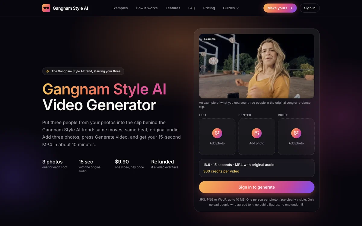 gangnamstyleai.com's Gangnam Style AI video generator page with left, center and right photo slots and the Sign in to generate button