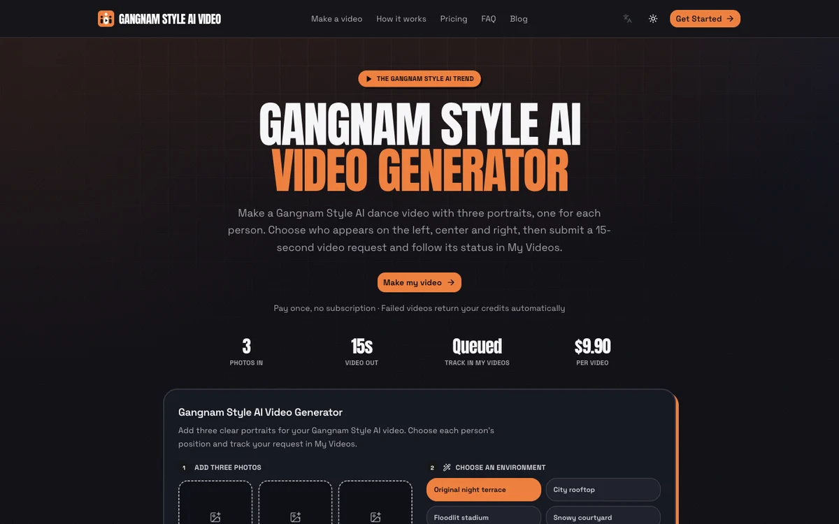 gangnamstylevideo.com's Gangnam Style AI video generator page