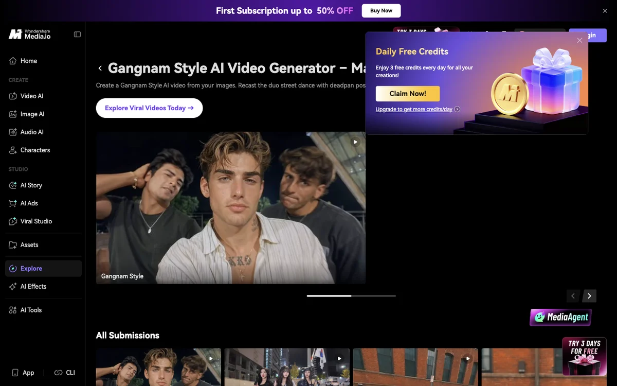 Media.io's Gangnam Style AI video generator page