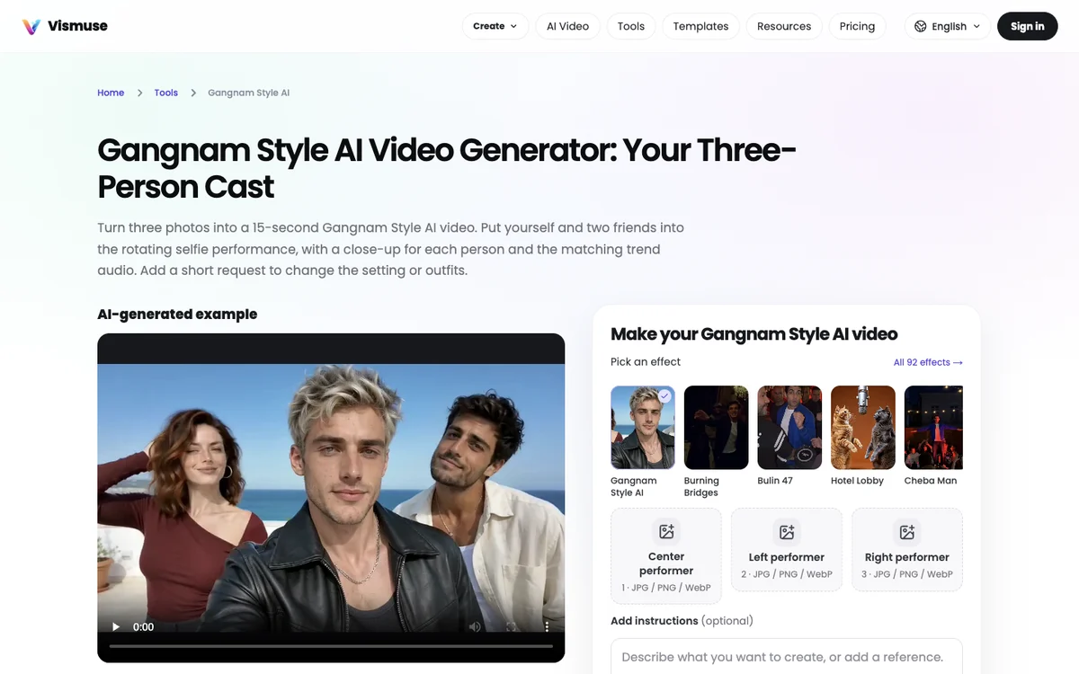 Vismuse's Gangnam Style AI tool page with center, left and right photo slots and the instructions box