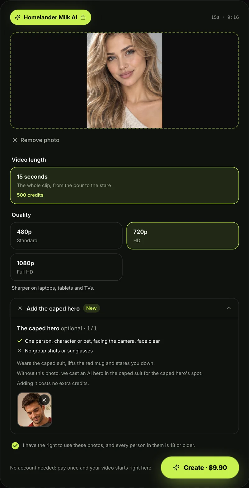 The Homelander Milk AI generator on Seadanse: the photo boxes, 480p, 720p and 1080p, and the Create button