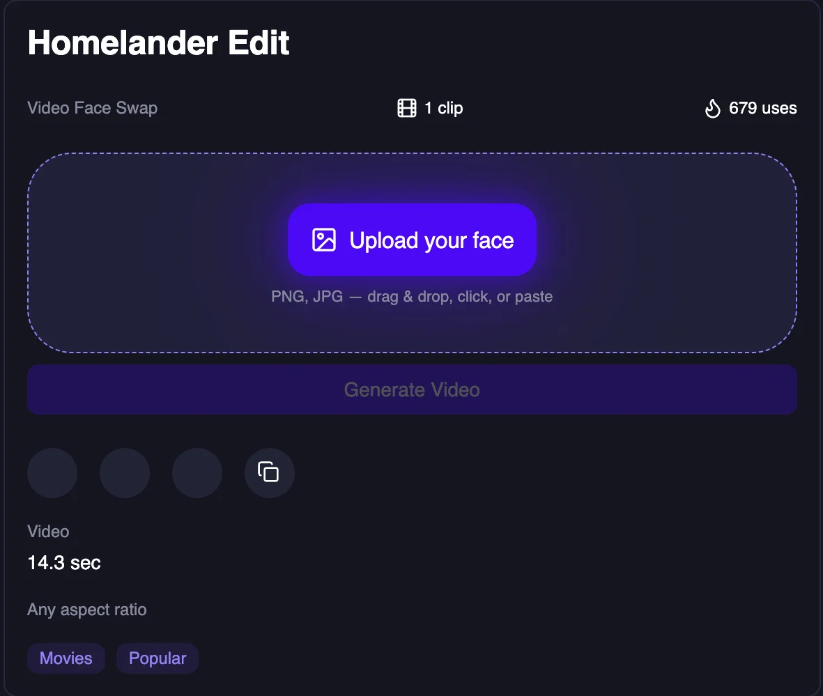 Magic Hour Homelander Edit template panel: Upload your face, 1 clip, 679 uses, 14.3 sec