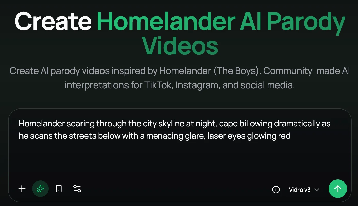 Vidra Create Homelander AI Parody Videos page with its text prompt box