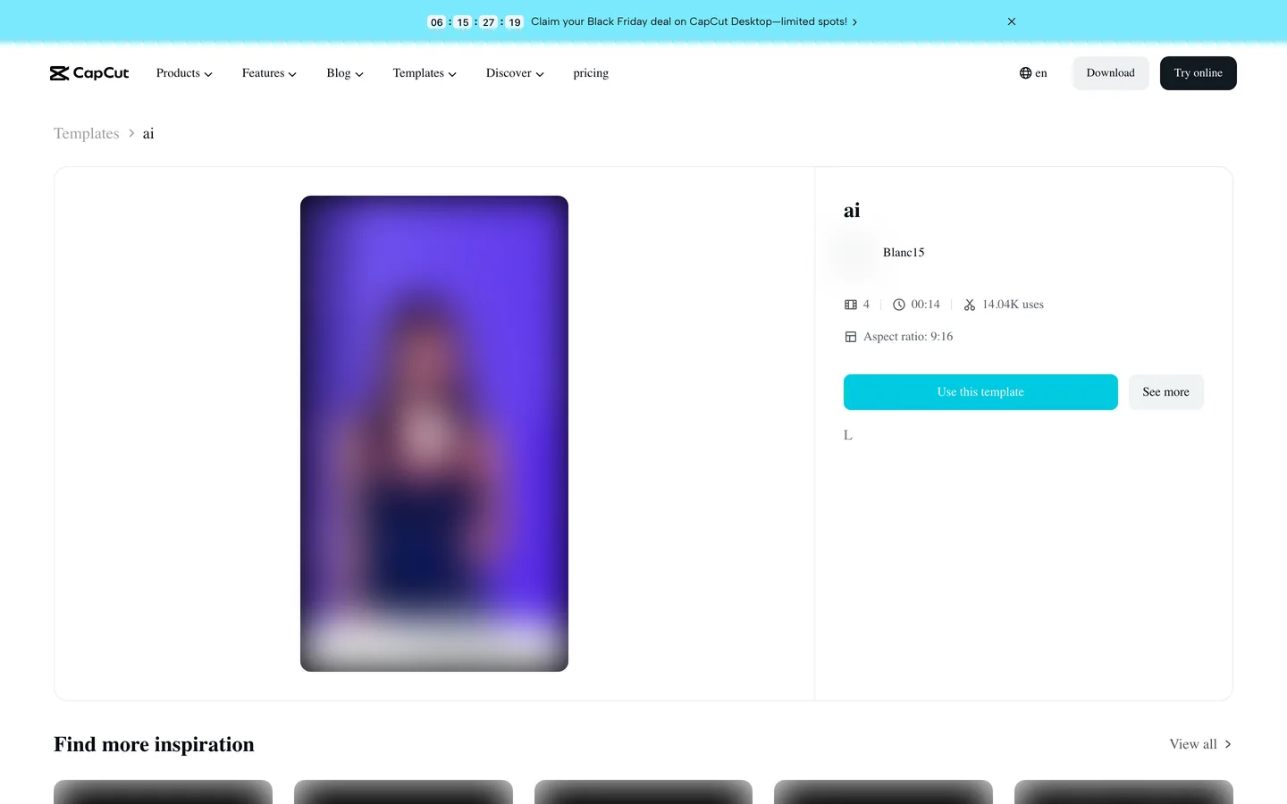 Blanc15's ai CapCut template page for the Nightwing AI trend: 4 clips, 00:14, 14.04K uses and a 9:16 aspect ratio, with its demo blurred