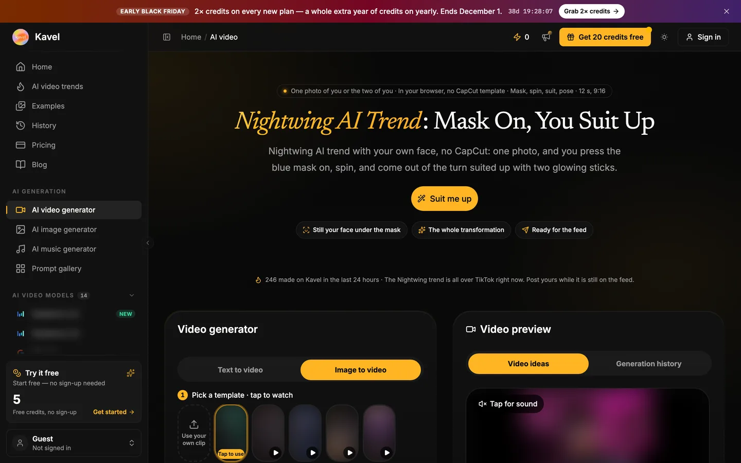 Kavel's Nightwing AI Trend page, Mask On, You Suit Up, with its scene templates and samples blurred