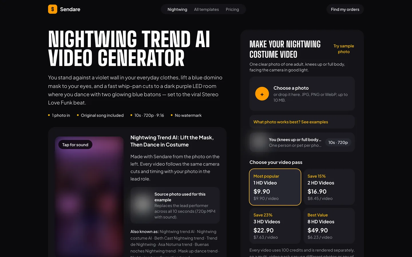 nightwingaitrend.com's Nightwing Trend AI Video Generator page: 1 photo in, Original song included, 10s, 720p and 9:16, and video passes from $9.90, with its samples blurred