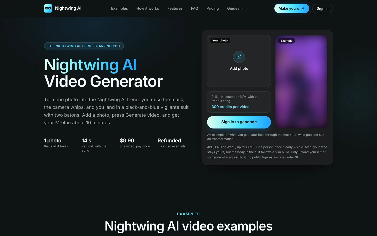 nightwingaivideo.com's Nightwing AI Video Generator page: 1 photo, 14 seconds with the song, $9.90 for one video and a Sign in to generate button, with its example blurred