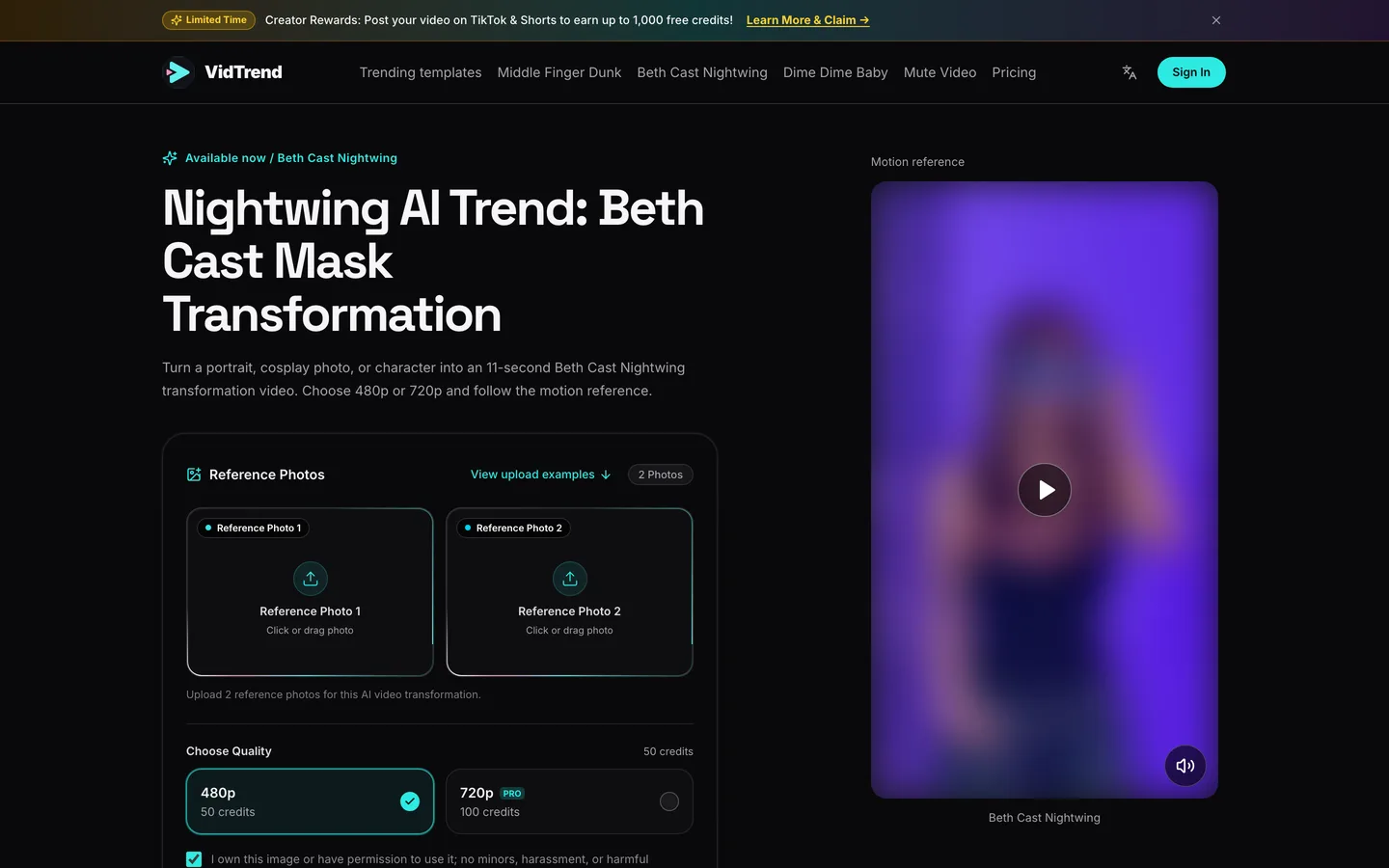 VidTrend's Nightwing AI Trend Beth Cast Mask Transformation page with two photo boxes and 480p at 50 credits or 720p at 100 credits, its example blurred