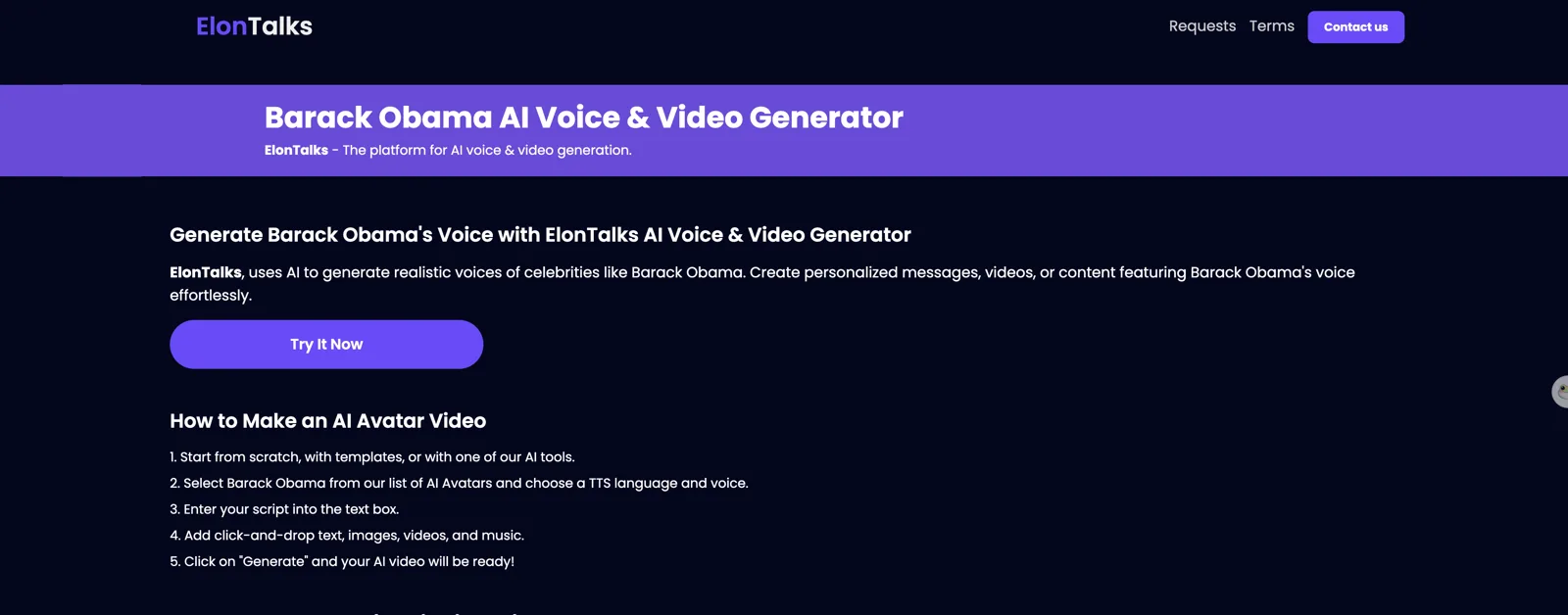 ElonTalks Barack Obama AI voice and video generator page with its five steps