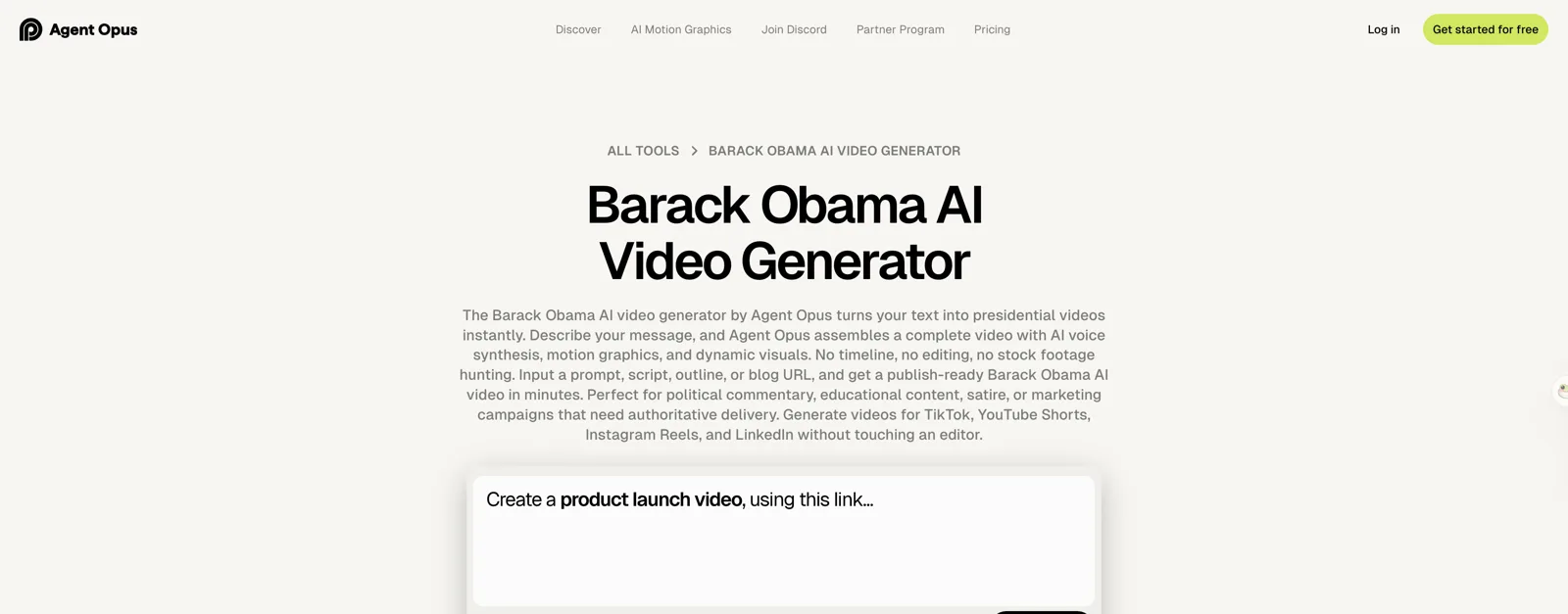 Agent Opus Barack Obama AI video generator page with its prompt box and Get started for free button