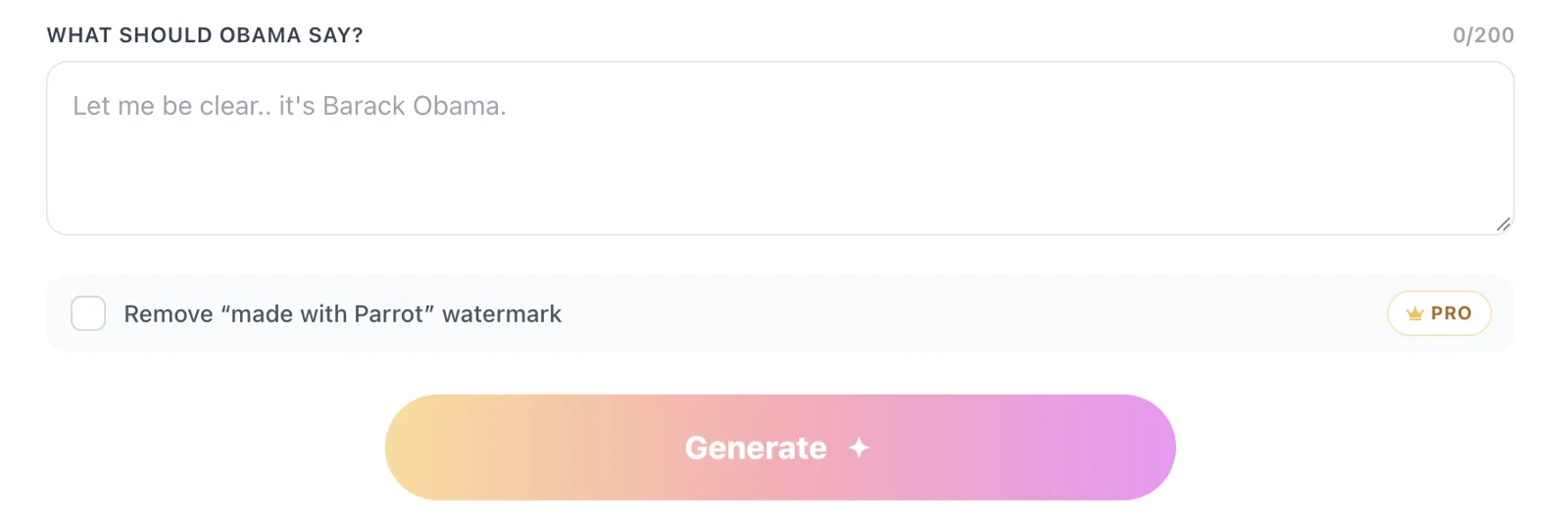 Parrot AI Obama voice page with its 200-character text box, watermark option and Generate button