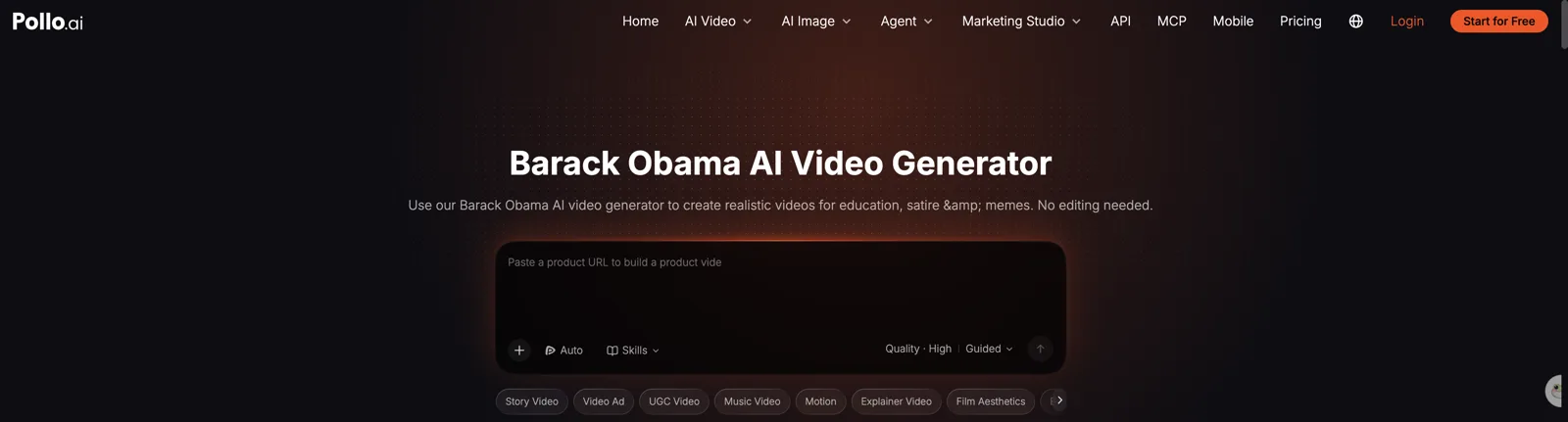 Pollo AI Barack Obama AI video generator page with its prompt box and video modes
