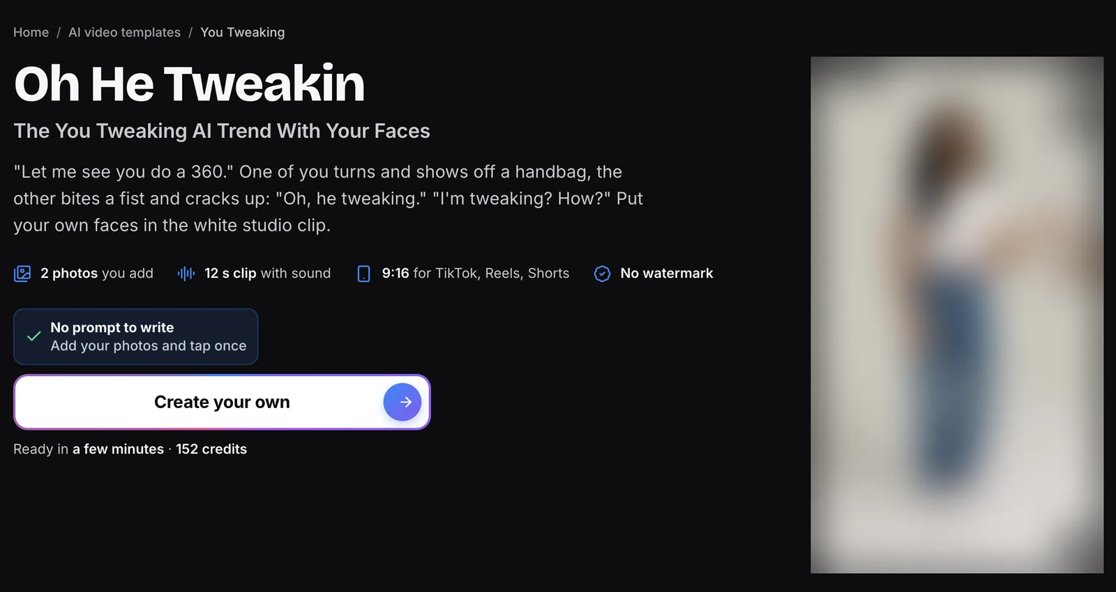 MakeViral You Tweaking AI trend template page with its 12-second 9:16 format
