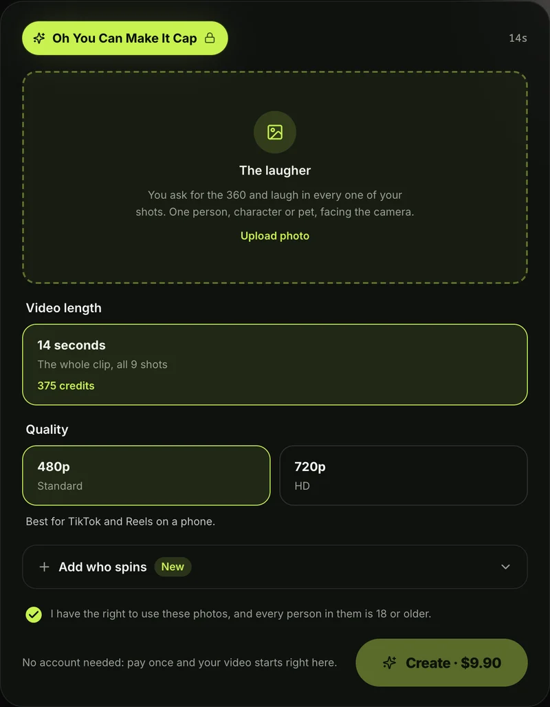 The Oh You Can Make It Cap AI generator on Seadanse: the photo box, 14 seconds, 480p and 720p, the section that adds who spins, and the Create · $9.90 button