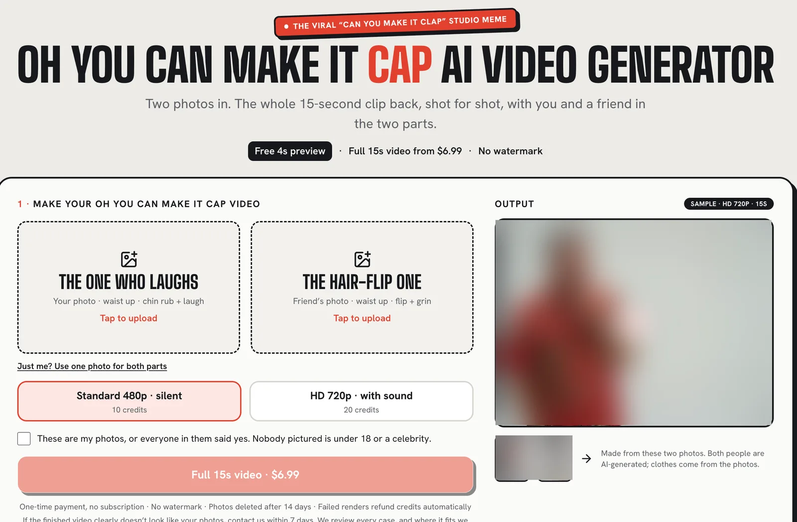 ohyoucanmakeitcap.com Oh You Can Make It Cap AI generator page with its two photo boxes, 480p silent and 720p with sound