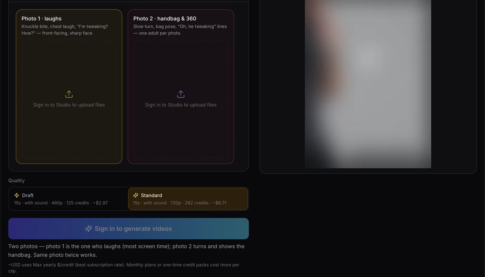 Reeldo You Can Make It Cap AI page with photo 1 and photo 2 boxes and 480p and 720p credit costs