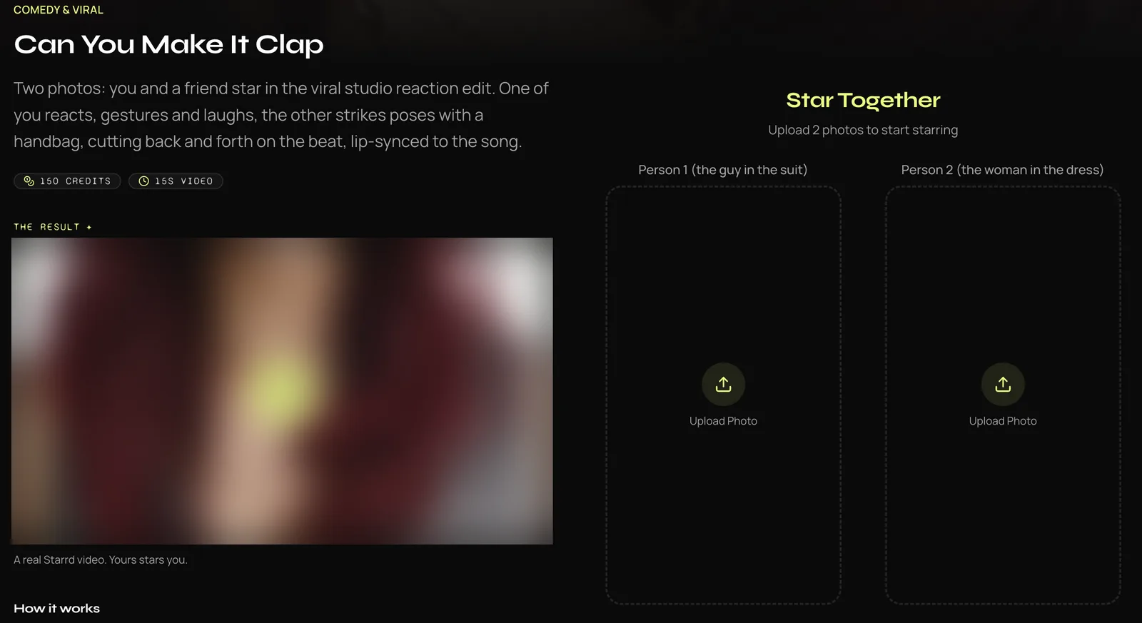 Starrd Can You Make It Clap AI video template page with two photo uploads