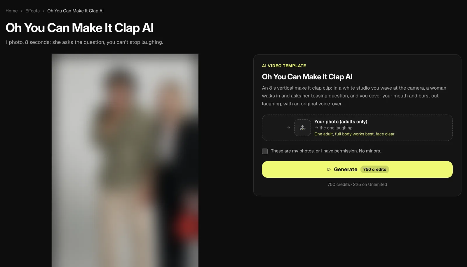 Vidlark Oh You Can Make It Clap AI page with one photo, 8 seconds and 750 credits