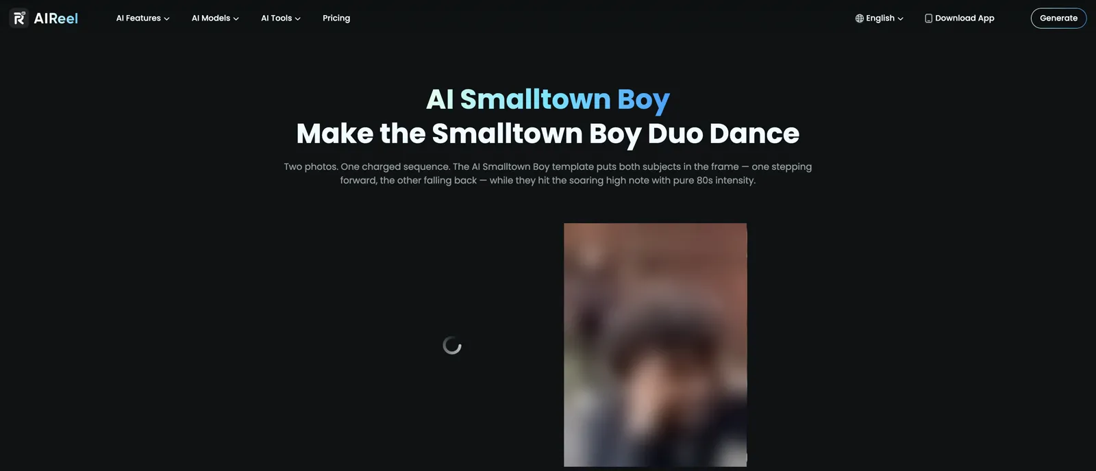 AIReel's AI Smalltown Boy effect page, asking for two photos of people, pets or anything with a face
