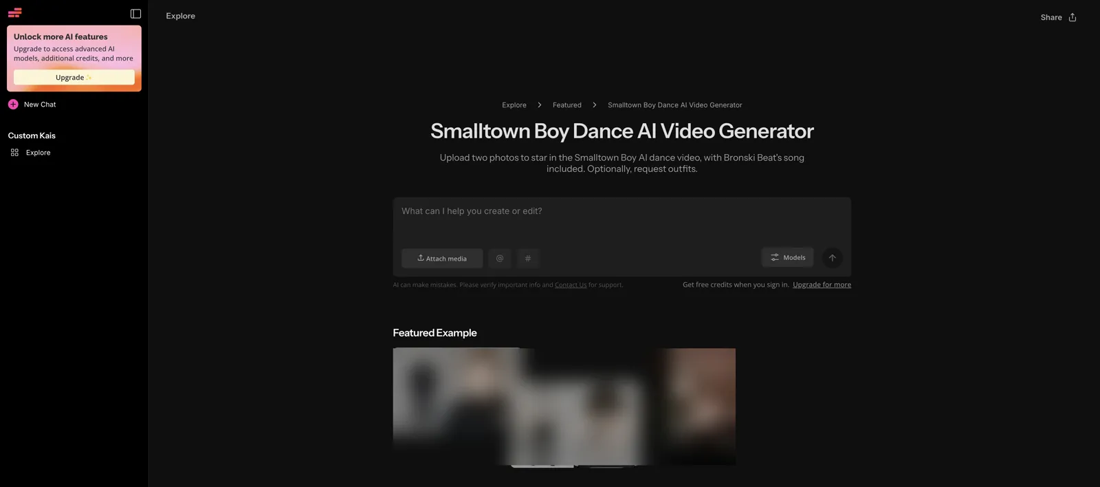 Kapwing's Smalltown Boy dance AI video generator page, asking for two photos with the song included and optional outfit requests