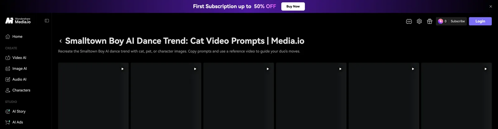 Media.io's Smalltown Boy AI dance trend prompts page with copy-ready cat and character prompts