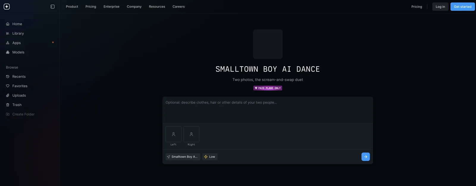 Mitte's Smalltown Boy AI dance page with two photo slots for the scream-and-swap duet and its paid plans label